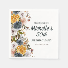50. Geburtstag Yellow Navy Blue Floral Willkommen Serviette