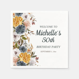 50. Geburtstag Yellow Navy Blue Floral Willkommen Serviette