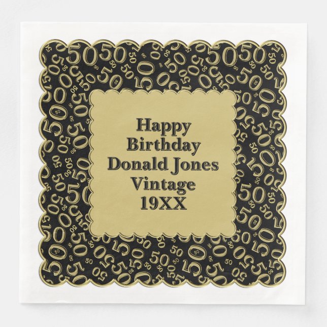50. Geburtstag Zahlenmuster Scallops Schwarzes Gol Serviette (Vorderseite)