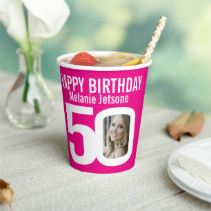 50. Geburtstag Zoll zwei Foto rosa weiß Pappbecher