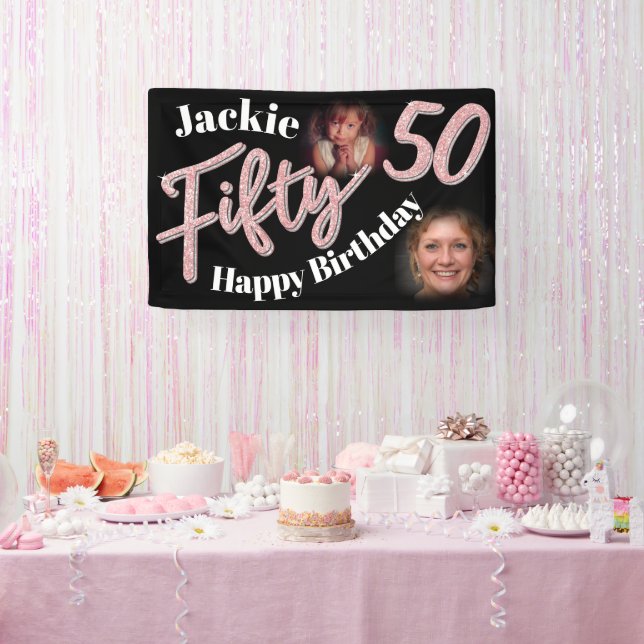 50. Geburtstag zwei Foto Skript-Rose pink Banner (Party)