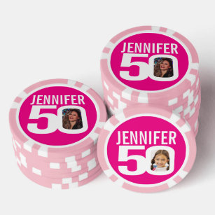 50. Geburtstag zwei Fotos nach Maß rosa und weiß Pokerchips