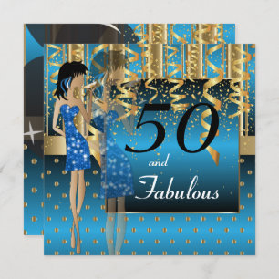 50. Geburtstags-Bash-Girl-Party Blau & Gold Einladung