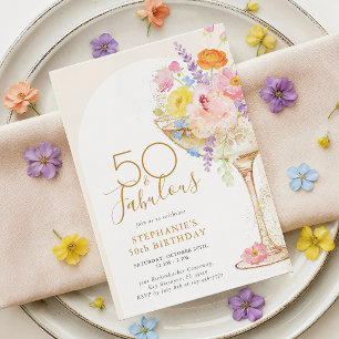 50. Geburtstags-Einladung mit floralem Champagner- Einladung