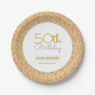 50. Geburtstags-Imitat-GoldGlitzer Pappteller