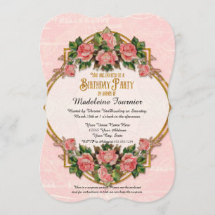 50. Geburtstags-Party-GoldGlitzer-Vintage Rosen Einladung