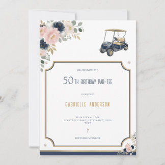 50. Geburtstags-Party Golf Navy Blau Gold Blumen Einladung