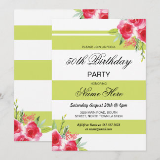 50. Geburtstags-Party-Streifen-Limone grüne Rosen Einladung