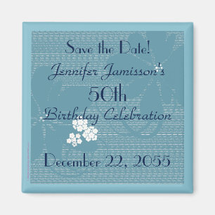 50. Geburtstags-Save the Date blauer Blumenmagnet Magnet