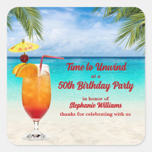 50. Geburtstags-Sommer-Cocktail-Strandparty Quadratischer Aufkleber