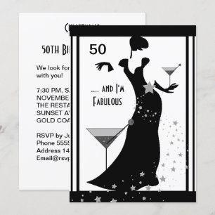 50. Geburtstagsfeier Diva Art Deco Schwarz Weiß Einladung