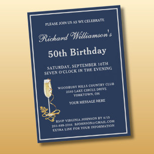 50. Geburtstagsfeier Elegant Navy Silber Einladung