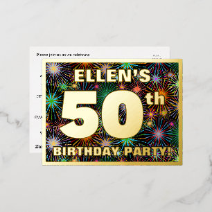 50. Geburtstagsfeier: Fett, farbenfrohe Feuerwerke Folie Einladungspostkarte