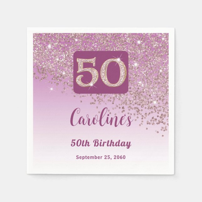 50. Geburtstagsfeier Funkelnde Roségold Glitter Serviette (Vorderseite)