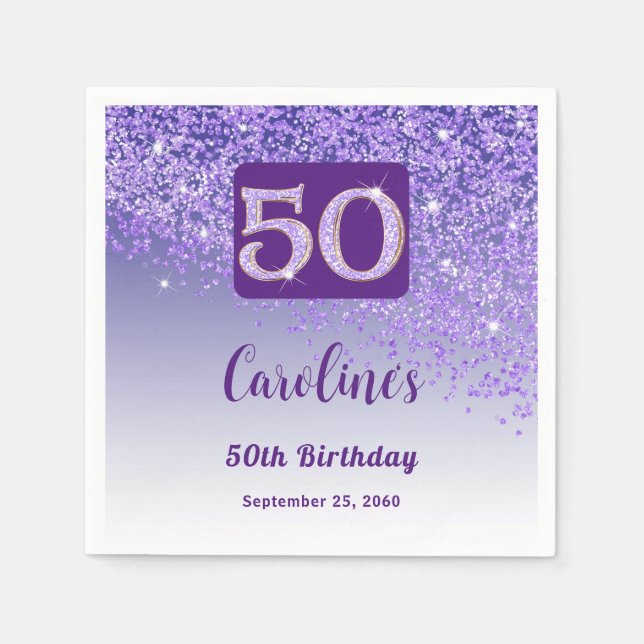 50. Geburtstagsfeier Funkelndes lila Glitter Serviette (Vorderseite)