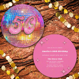 50. Geburtstagsfeier Gold Pink Glitter Disco-Kugel Einladung