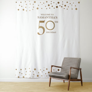 50. Geburtstagsfeier Gold Weiß Konfetti Hintergrun Wandteppich