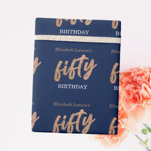 50. Geburtstagsfeier Modern Gold & Blau Fünfzig Geschenkpapier
