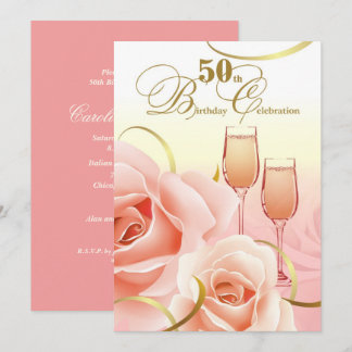 50. Geburtstagsfeier. Rosa Pfirsichfarbene Rose Einladung