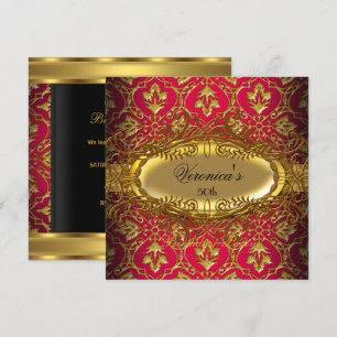 50. Geburtstagsfeier ROT Rosa Gold Schwarz Damast Einladung