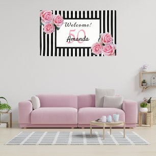 50. Geburtstagsfeier Schwarz-weiße Streifen Flora Banner