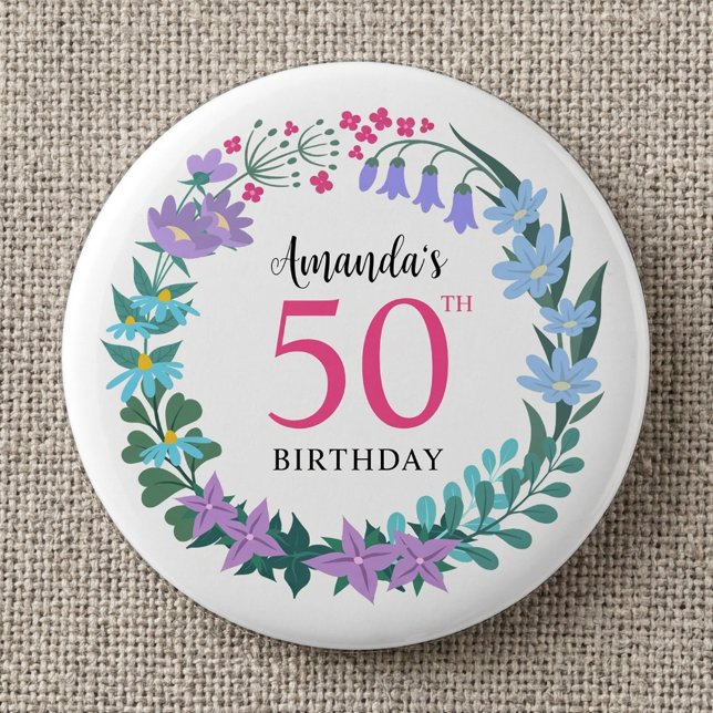 50. Geburtstagsfeier Sommerblumen-Hyazinthen-Kranz Button (Von Creator hochgeladen)