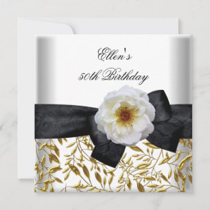50. Geburtstagsfeier Weiß Gold Blume Schwarze Schl Einladung