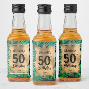 50. Geburtstagsgold auf tropischen Pflanze Mini Alkoholflaschenetikett