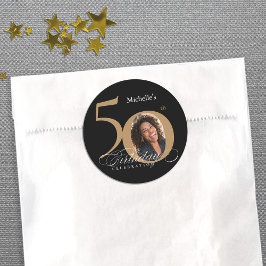 50. Geburtstagskalligraphie Gold Black Elegant Fot Runder Aufkleber