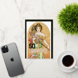 50. Geburtstagskarte, Frühlingsgöttin, Vintage Kun Grußkarte Mit Foliendruck