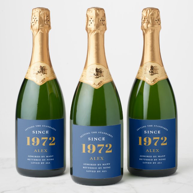 50. Geburtstagsname 1972 Blue Gold Elegant Chic (Flaschen)