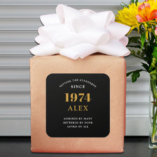 50. Geburtstagsname 1974 Black Gold Elegant Chic Quadratischer Aufkleber