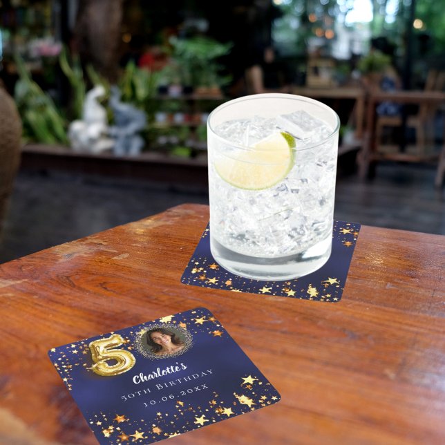 50. Geburtstagsnavy Blue Gold Stars Foto Rechteckiger Pappuntersetzer (Von Creator hochgeladen)
