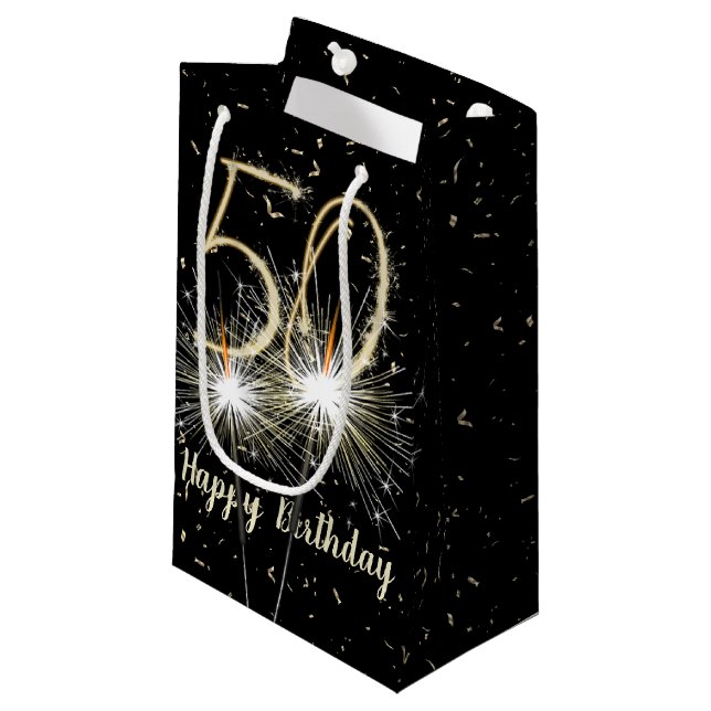 50. Geburtstagsparkler auf schwarz Kleine Geschenktüte (Vorderseite Schrägansicht)