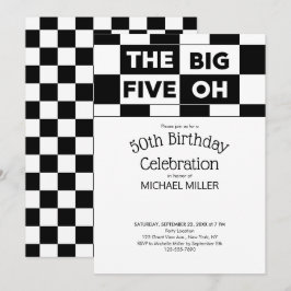 50. Geburtstagspartei Schwarz-weißes kariertes Mus Einladung