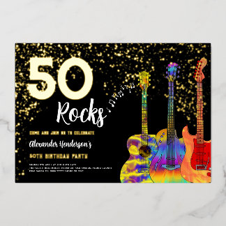 50. Geburtstagsparty 50 Rocks Guitar Gold Glitzer Folieneinladung