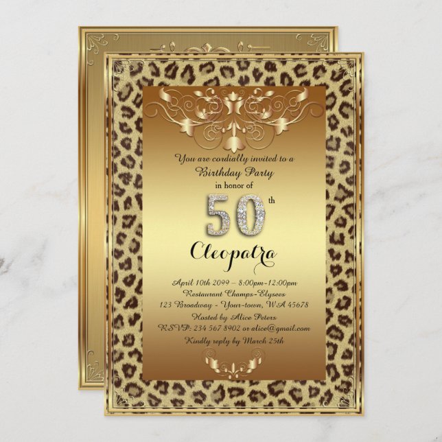 50. Geburtstagsparty 50., Royal Cheetah Gold plus Einladung (Vorne/Hinten)