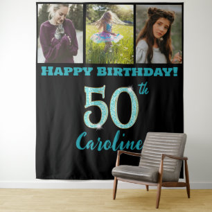 50. Geburtstagsparty, Aquamarin Blue Glitzer & 3 F Wandteppich