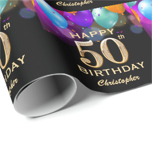 50. Geburtstagsparty Black and Gold Ballons Geschenkpapier