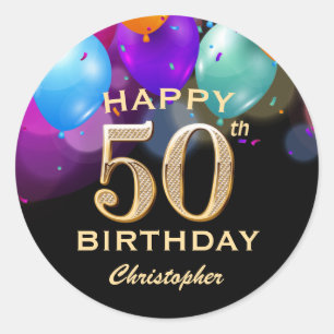 50. Geburtstagsparty Black and Gold Ballons Runder Aufkleber