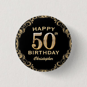 50. Geburtstagsparty Black and Gold Glitzer Frame Button