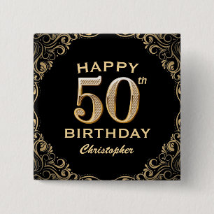 50. Geburtstagsparty Black and Gold Glitzer Frame Button