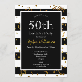 50. Geburtstagsparty Black and White | Gold-Glitze Einladung