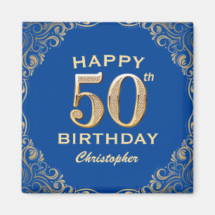 50. Geburtstagsparty Blue and Gold Glitzer Frame Magnet