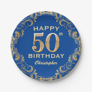50. Geburtstagsparty Blue and Gold Glitzer Frame Pappteller