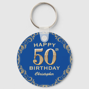 50. Geburtstagsparty Blue and Gold Glitzer Frame Schlüsselanhänger