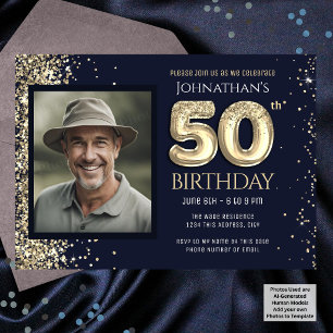 50. Geburtstagsparty Blue Gold Glitzer Einladung
