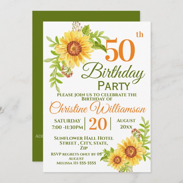 50. Geburtstagsparty Blumenblume Einladung (Vorne/Hinten)