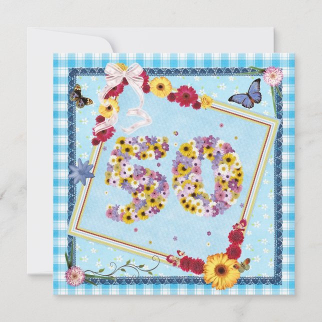 50. Geburtstagsparty Einladung Blume, Schmetterlin (Vorderseite)