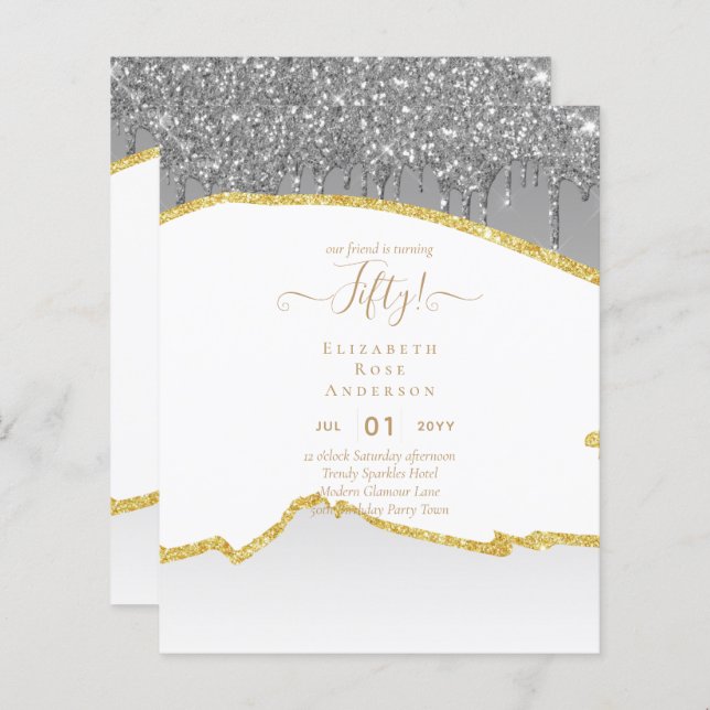 50. Geburtstagsparty Einladungen Glitzer Glamour (Vorne/Hinten)